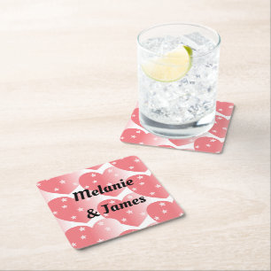 Cute Pink Star Hearts Pattern Square Paper Coaster