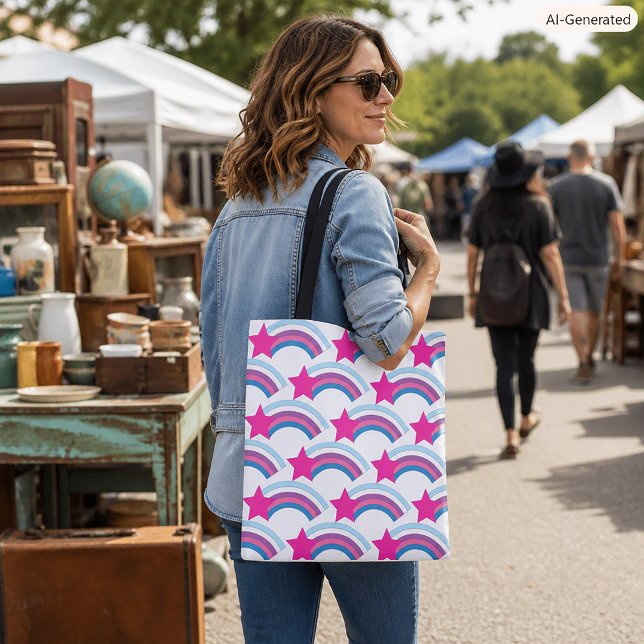 Cute Pink Star Rainbow Illustration Pattern Tote Bag (A tote bag with a pink star and rainbow pattern.)