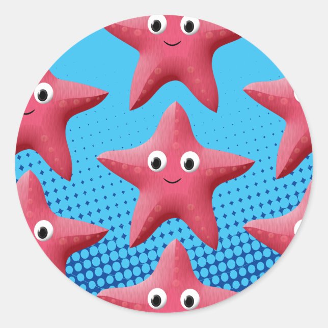 Cute Pink Starfish Blue Ocean Classic Round Sticker (Front)