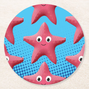 Cute Pink Starfish Blue Ocean Round Paper Coaster