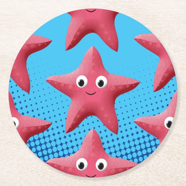 Cute Pink Starfish Blue Ocean Round Paper Coaster (Front)