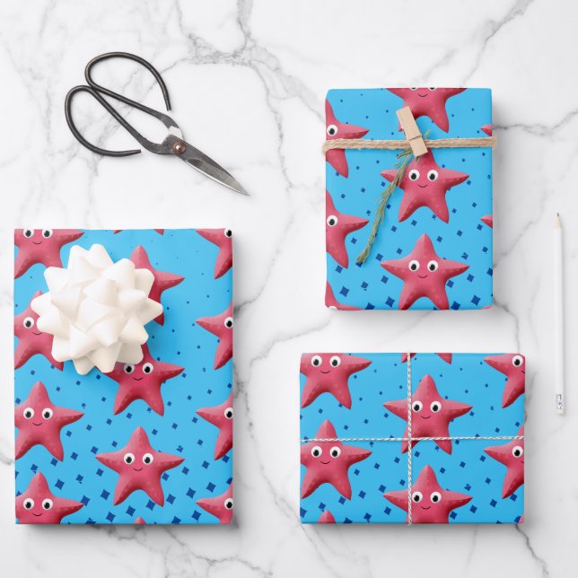 Cute Pink Starfish Blue Ocean Wrapping Paper Sheet (Front)