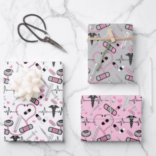 Cute Pink Stethoscope Nurse   Doctor EKG Pattern Wrapping Paper Sheet