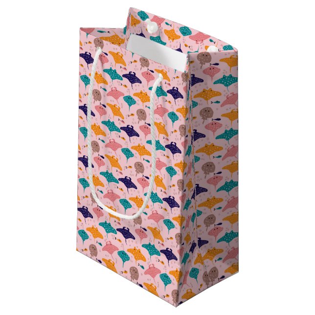 Cute pink sting ray and manta ray fish pattern small gift bag (Front Angled)