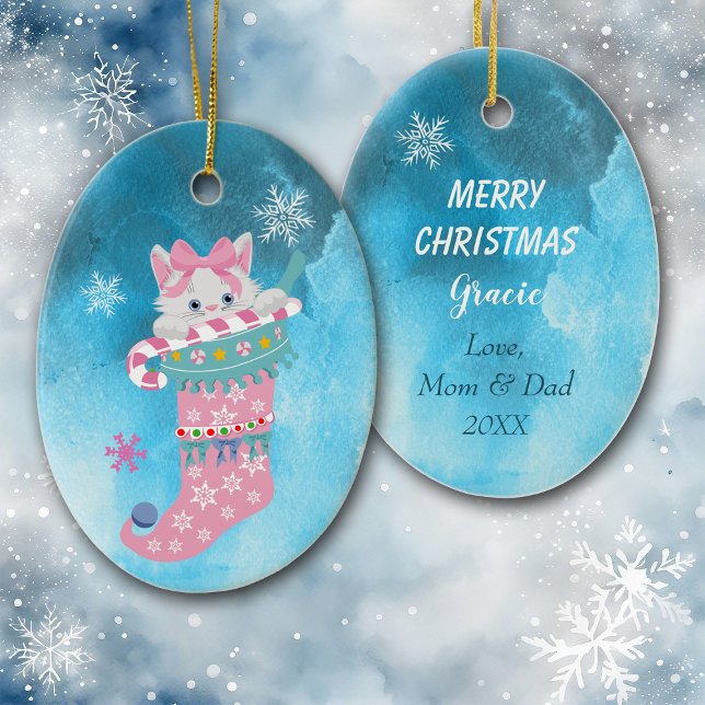 Cute Pink Stocking Kitten with Candy Cane Ceramic Ornament (Creator Uploaded)