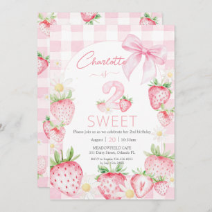 Cute Pink Strawberries Berry 2nd Second Birthday Invitation