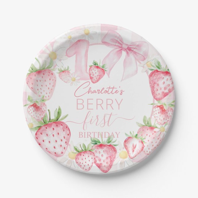 Cute Pink Strawberries Berry First 1st Birthday Paper Plate (Front)