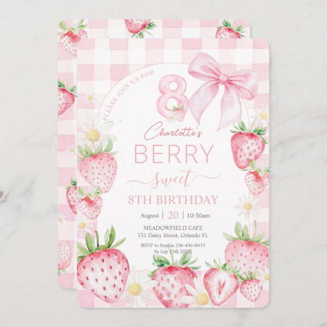 Cute Pink Strawberries Berry Sweet 8th Birthday Invitation (Front/Back)