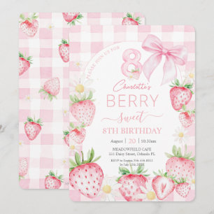 Cute Pink Strawberries Berry Sweet 8th Birthday Invitation