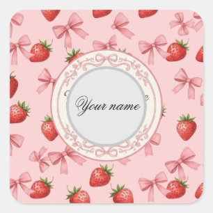 Cute Pink Strawberry and Bows Pattern Custom Name  Square Sticker