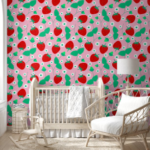 Cute Pink Strawberry & Daisy Pattern Kids Nursery  Wallpaper