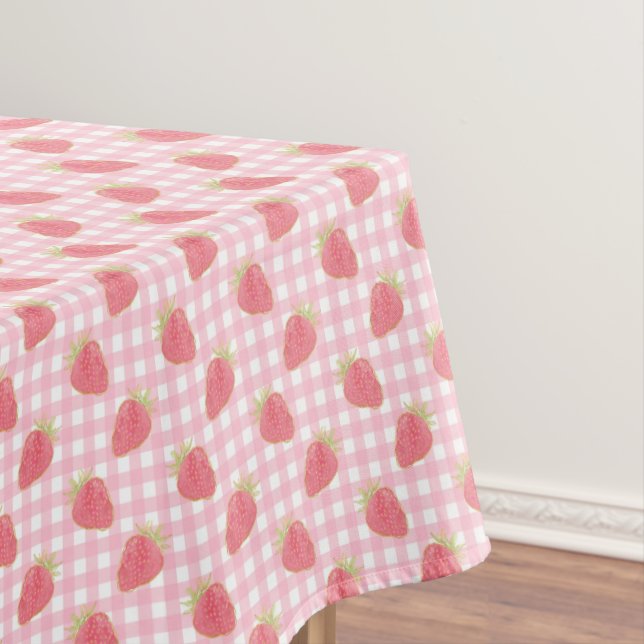 Cute Pink Strawberry Gingham Picnic Tablecloth (In Situ)