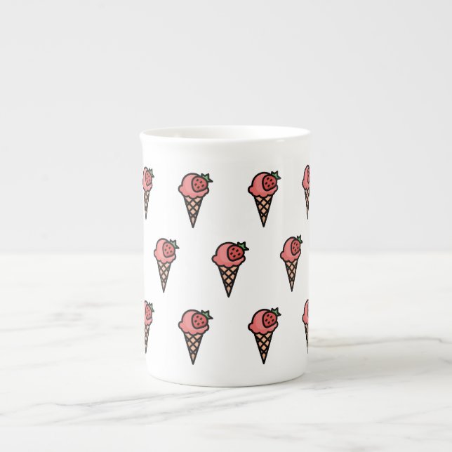 Cute Pink Strawberry Ice Cream Aesthetic Pattern Bone China Mug (Front)