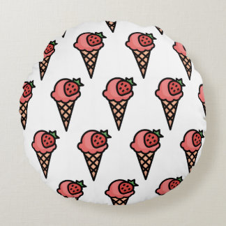 Cute Pink Strawberry Ice Cream Aesthetic Pattern Round Pillow