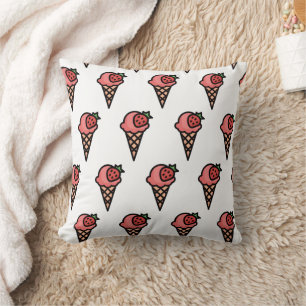 Cute Pink Strawberry Ice Cream Aesthetic Pattern Throw Pillow