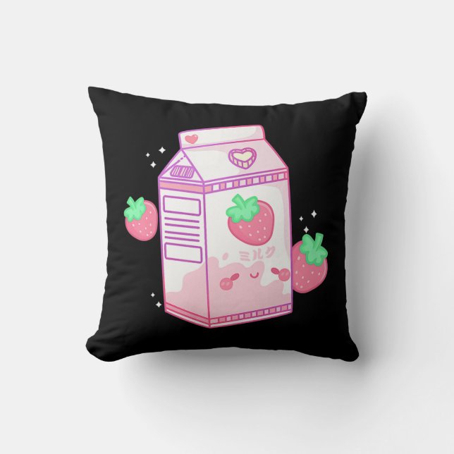 Cute Pink Strawberry Milk Japanese Kawaii Retro s  Throw Pillow (Front)