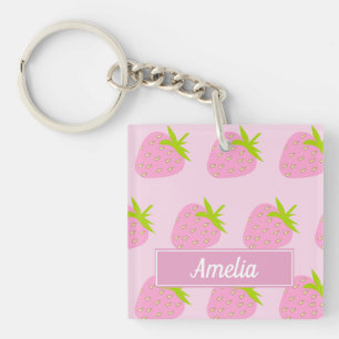 Cute Pink Strawberry Pattern Personalised Keychain