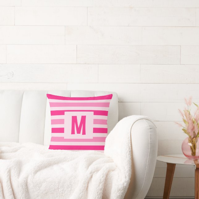 Cute Pink Striped Design Single Initial Throw Pillow (Couch)
