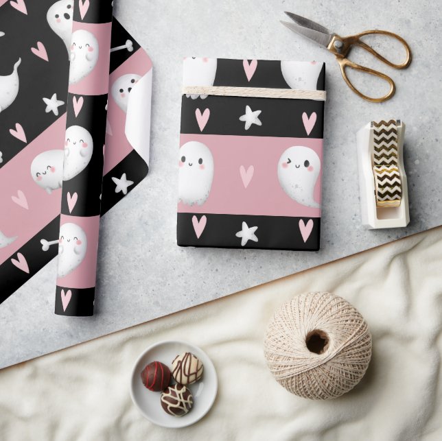 Cute Pink Striped Ghosts Hearts & Bones Kid's Bday Wrapping Paper (Crafts)