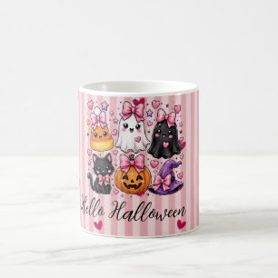 Cute Pink Striped Hello Halloween Characters Latte Coffee Mug