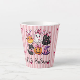 Cute Pink Striped Hello Halloween Characters Latte Mug
