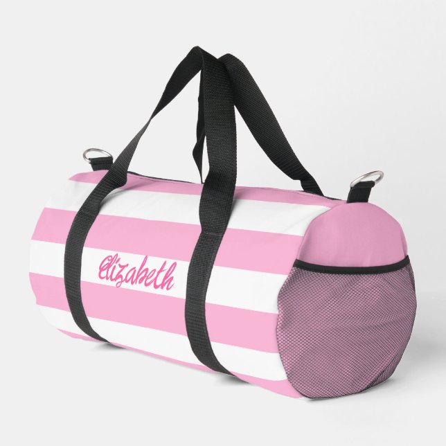 Cute Pink Striped Script Name Personalized  Duffle Bag (Right Corner)