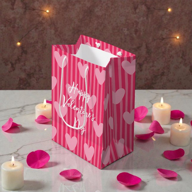 Cute Pink Stripes and Hearts Valentine Pattern Medium Gift Bag (Creator Uploaded)