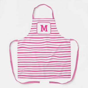 Cute Pink Stripes Custom Single Initial White Apron