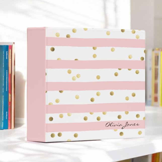 Cute Pink Stripes Gold Dots Pattern with Name Binder (Personalize with name or other text.)