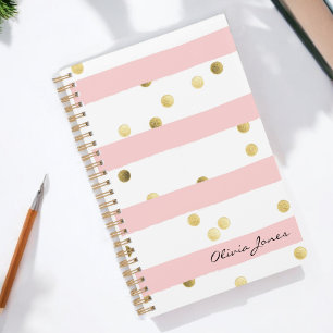 Cute Pink Stripes Gold Polka Dots with Name Planner