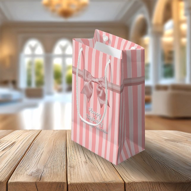 Cute Pink Stripes Pretty Bow Custom Small Gift Bag (Creator Uploaded)
