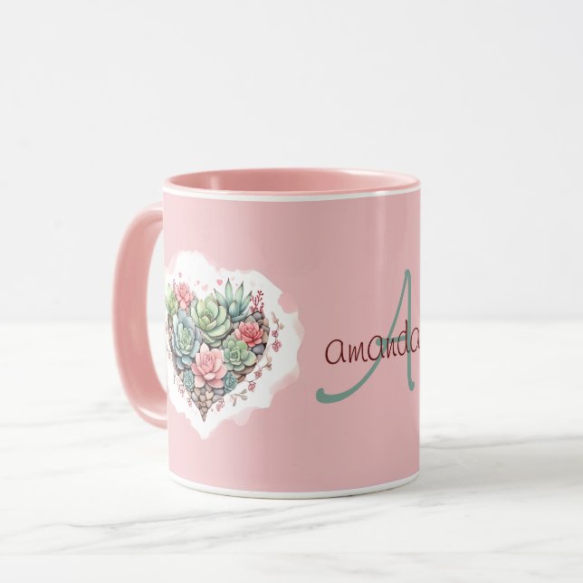 Cute Pink Succulent Heart Monogram Valentines Day Mug (Front Left)