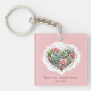 Cute Pink Succulent Heart Valentines Day Keychain