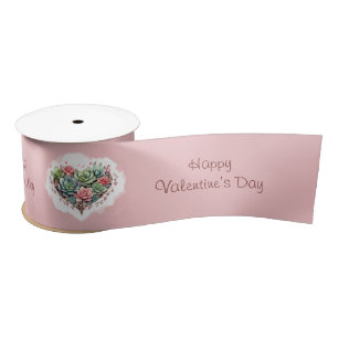 Cute Pink Succulent Heart Valentines Day Satin Ribbon