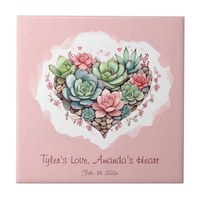 Cute Pink Succulent Heart Valentines Day Tile (Front)