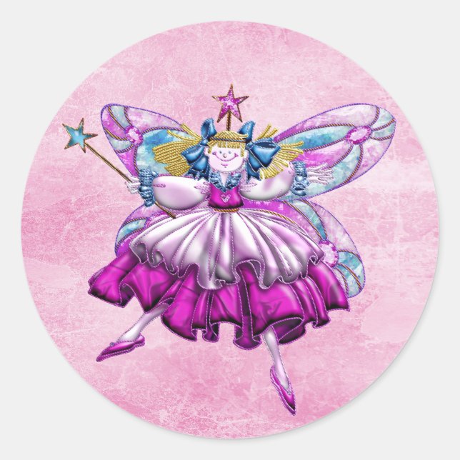 Cute Pink Sugar Plum Fairy Printed Jewel Effect Classic Round Sticker (Front)