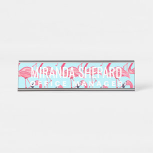 Cute Pink Summer Painted Flamingo Pattern Blue Desk Name Plate