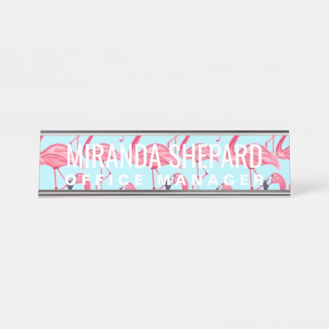Cute Pink Summer Painted Flamingo Pattern Blue Desk Name Plate (Front)