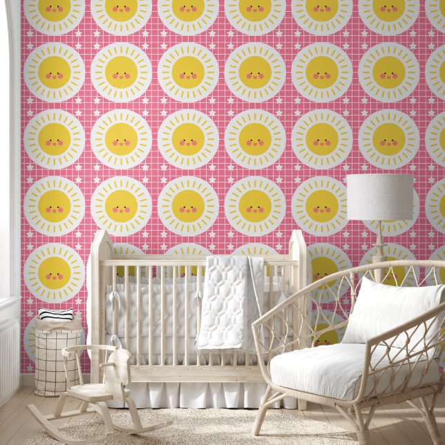 Cute Pink Sunshine Kids Nursery Room Wallpaper (Kids)