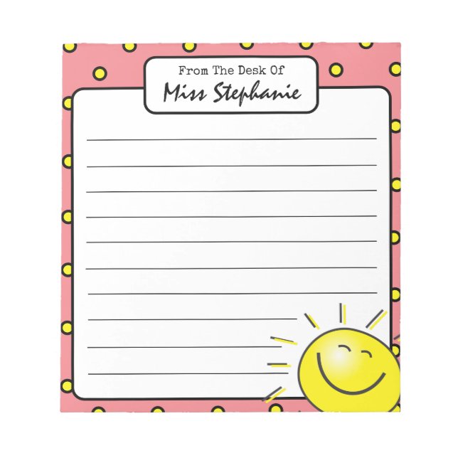 Cute Pink Sunshine Smile Face From Teacher  Notepad (Front)