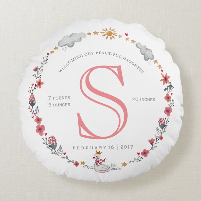 Cute pink swan baby birth stats nursery round pillow (Front)