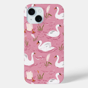 Cute Pink Swan Seamless Pattern iPhone 15 Case