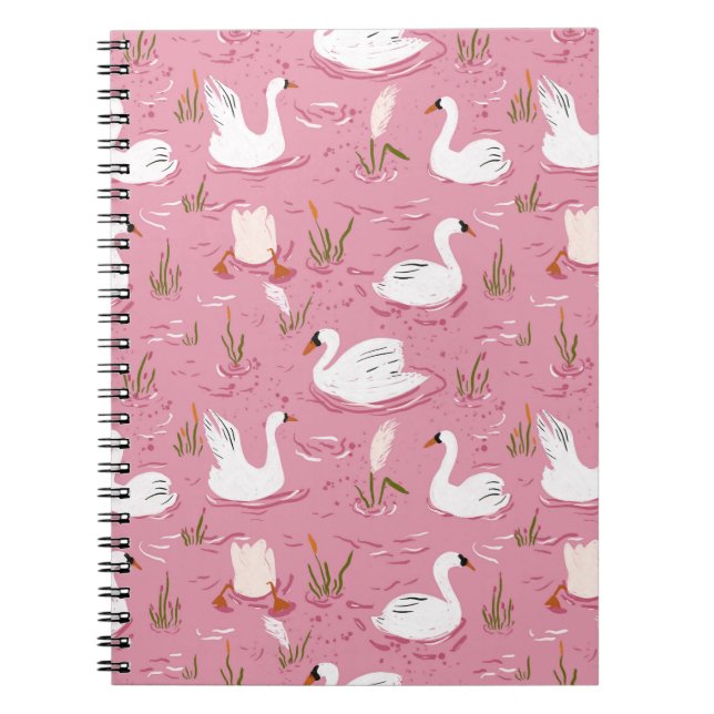 Cute Pink Swan Seamless Pattern Notebook (Front)