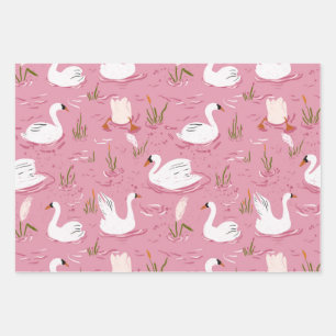 Cute Pink Swan Seamless Pattern Wrapping Paper Sheet