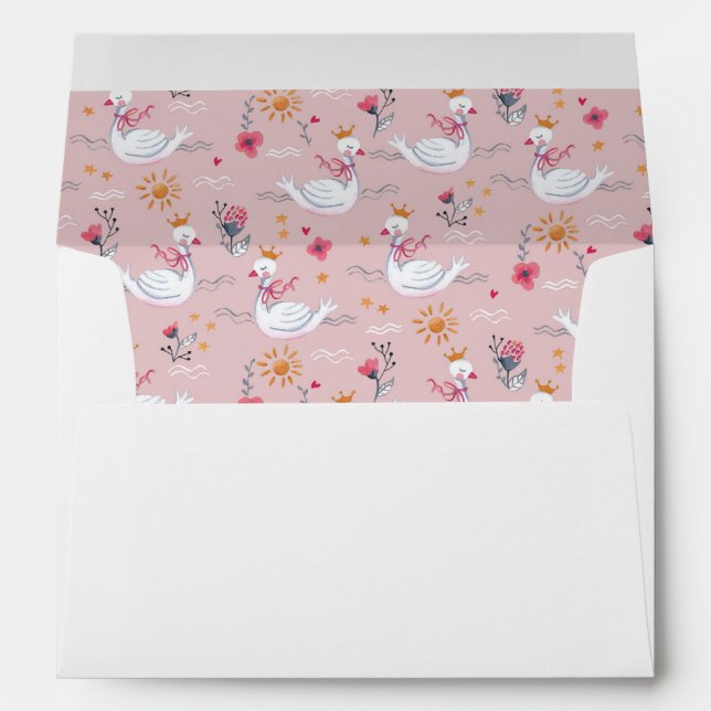Cute pink swan & sun floral pattern with name envelope (Back (Bottom))
