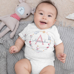 Cute pink swan & sun floral wreath with monogram baby bodysuit