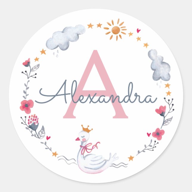 Cute pink swan & sun floral wreath with monogram classic round sticker (Front)
