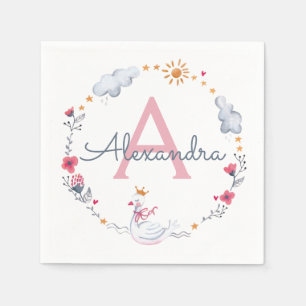 Cute pink swan & sun floral wreath with monogram napkin