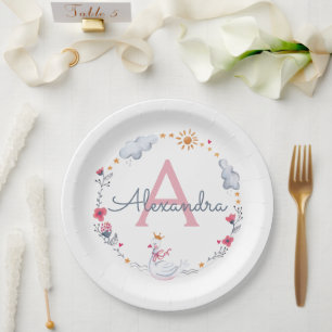 Cute pink swan & sun floral wreath with monogram w paper plate