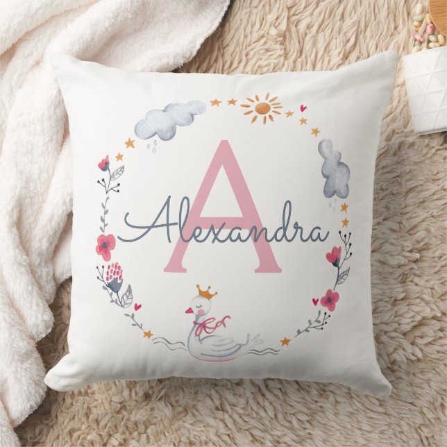 Cute pink swan & sun floral wreath with monogram w throw pillow (Blanket)